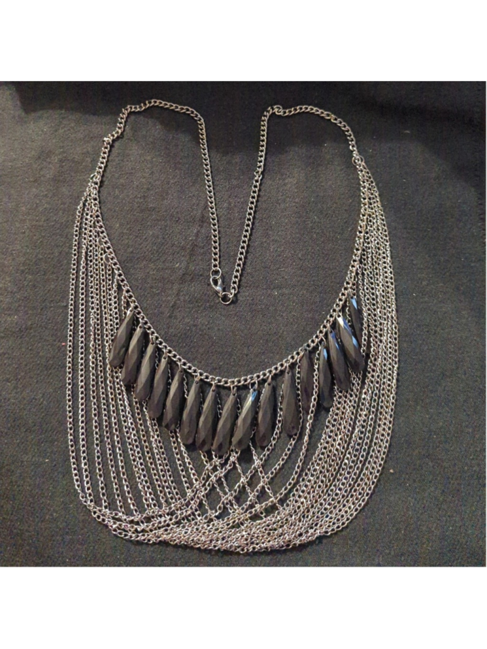 Silver Tone Black Teardrop Beaded Draped Chain Statement Necklace